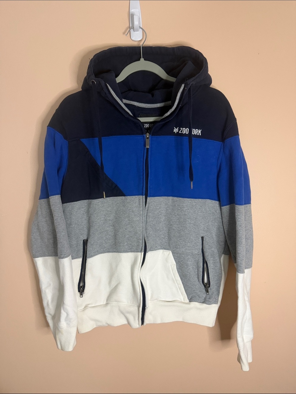 Zoo York Men's Navy Blue Gray White Colorblock Hooded Zip Jacket